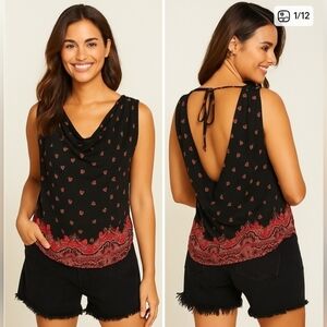 NWT Free People Silas Printed Cowlneck Top XS Black Red Cowl Neck Open Back Tie